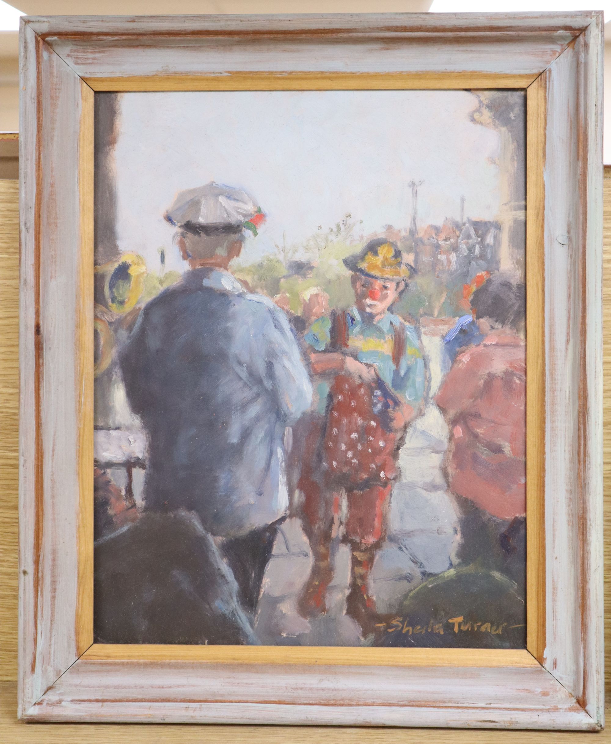 Sheila Turner (1941-), oil on board, Clown on the promenade, signed, 35 x 27cm